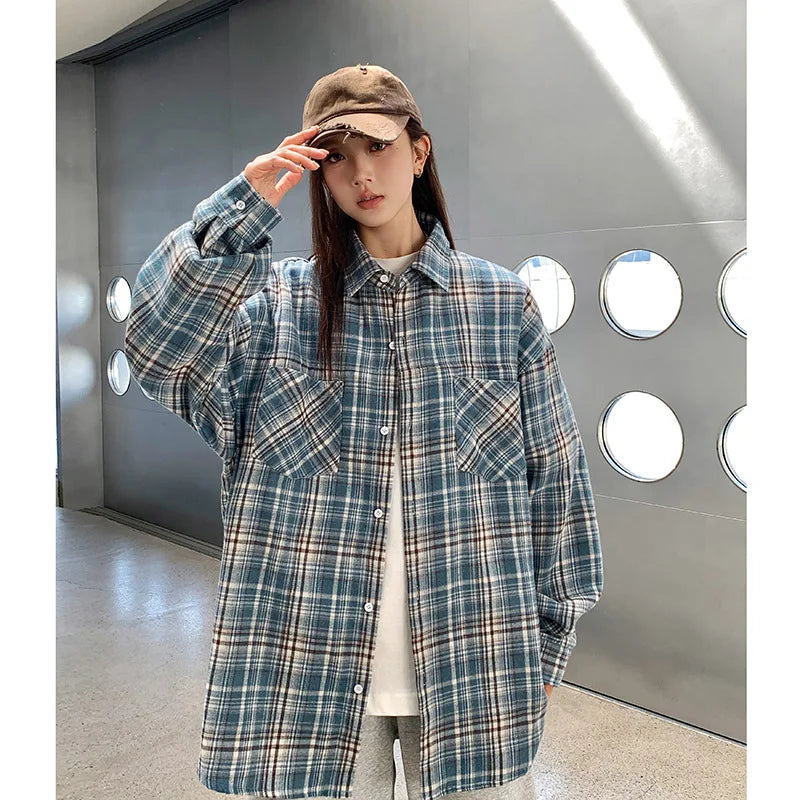 Oversized Long Sleeve Plaid Blouse – Loose & Soft