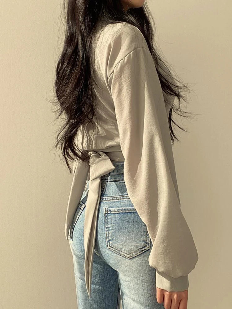 Cropped Back Bow Blouse – Slim Long Sleeve Top
