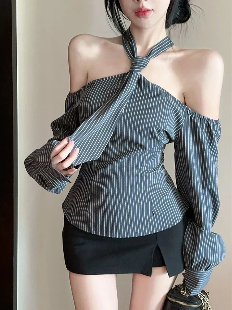 Halter Striped Shirt – Off-Shoulder Lace-Up Top
