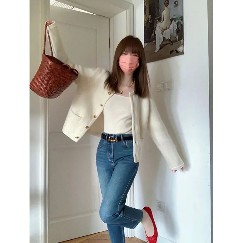 White Knit Coat – Single-Breasted Round Collar Jacket