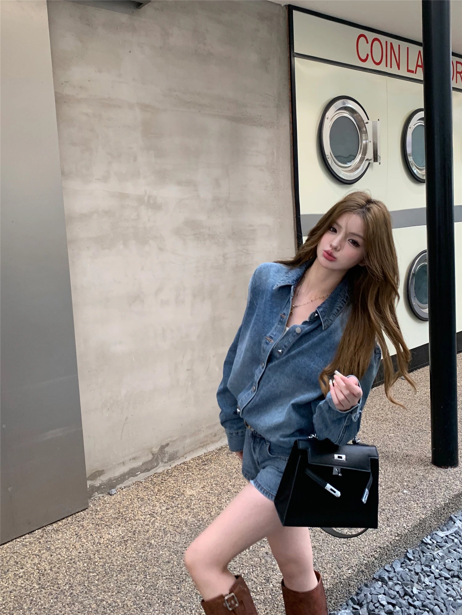 Denim Two-Piece Shorts Set – Long Sleeve Shirt + Mini Shorts