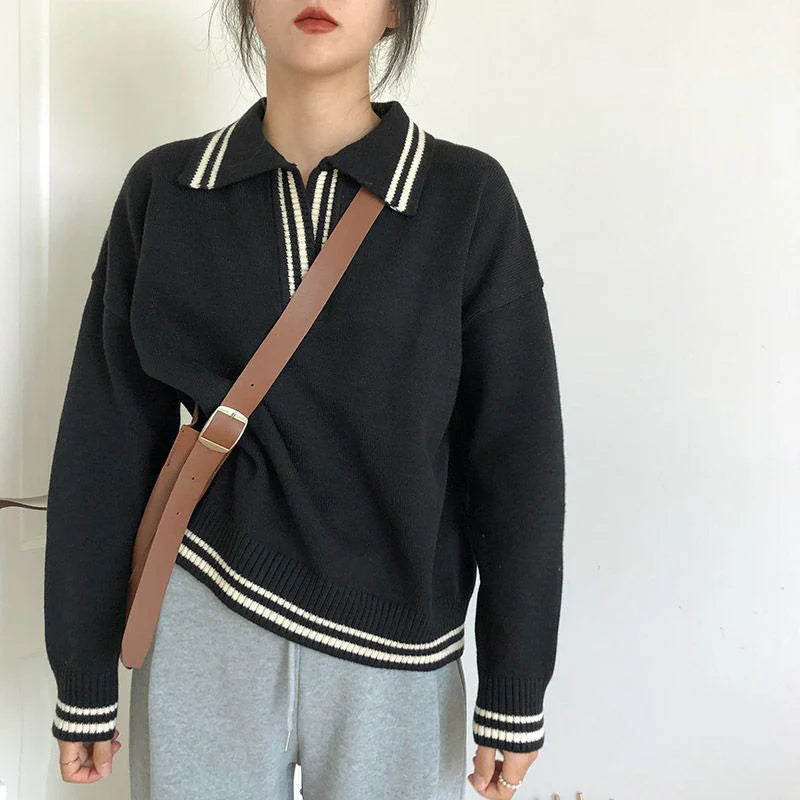 College-Style V-Neck Knit Sweater