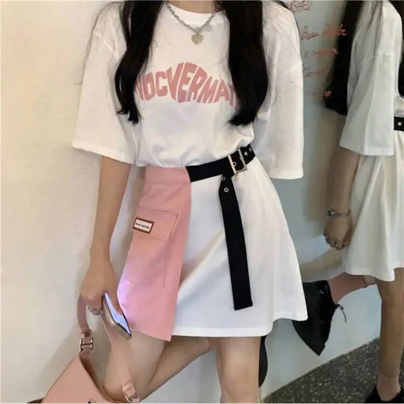Patchwork Mini Skirt Two-Piece Set – Short Sleeve Top + Skirt