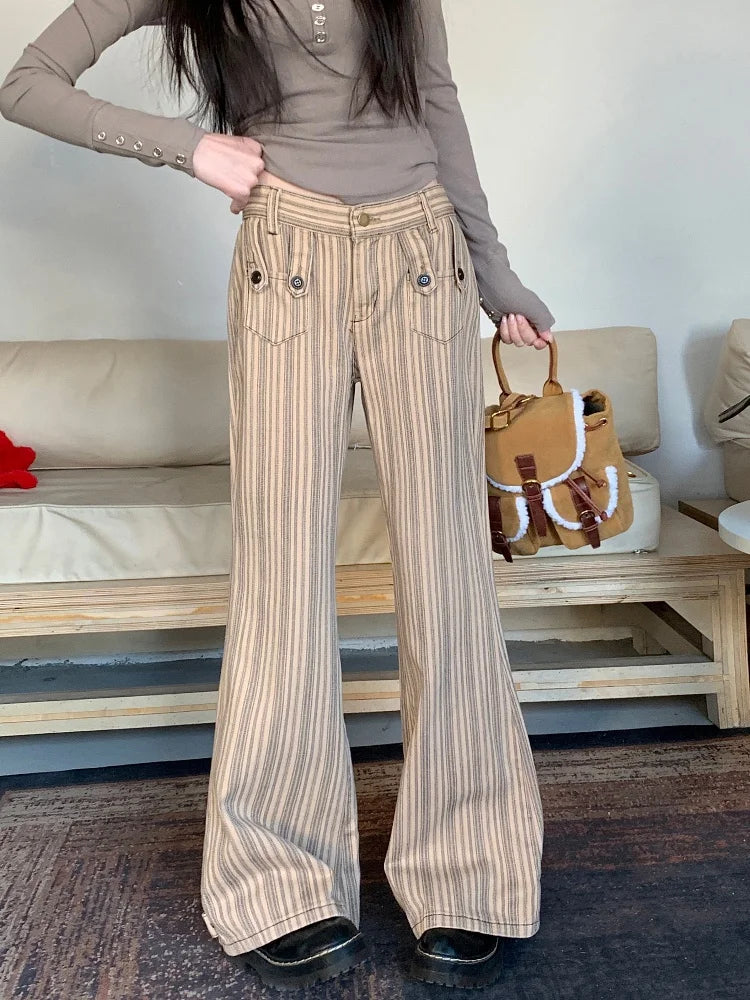 Khaki Slim Flare Jeans – High Waist Casual Pants for Women