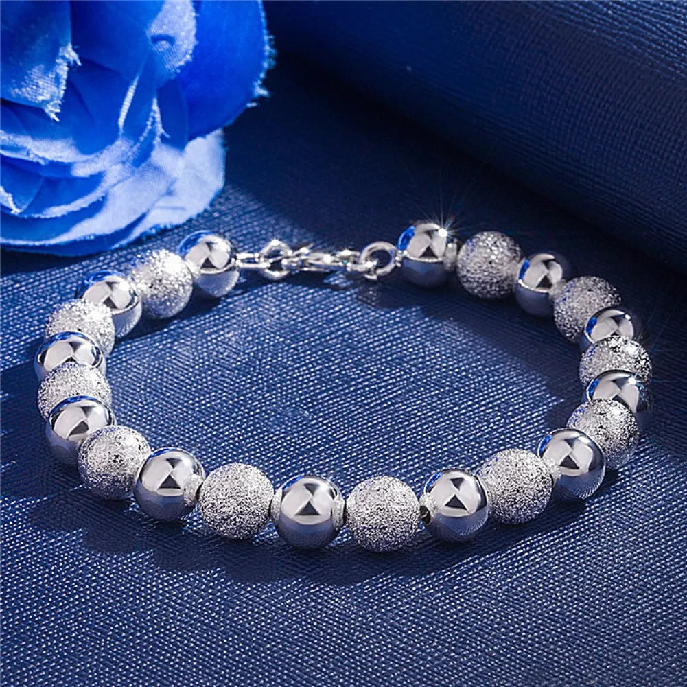 925 Sterling Silver 8MM Sanding Bright Bead Bracelet