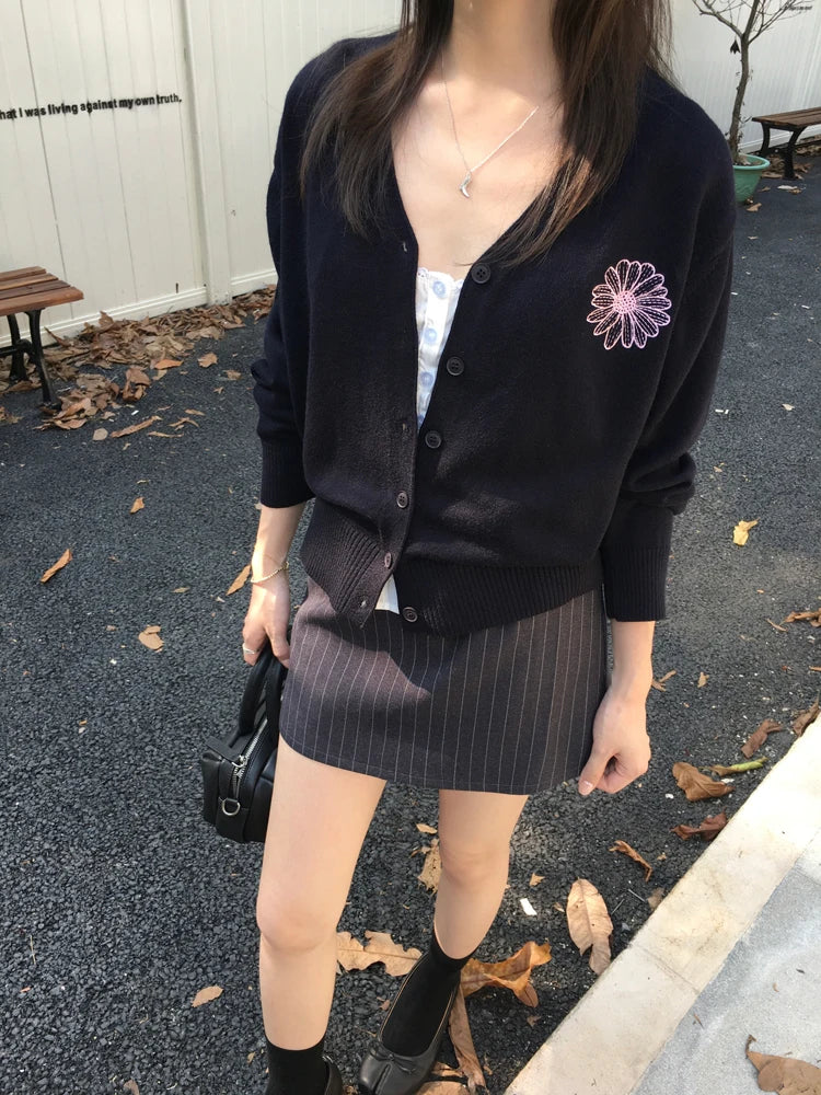Knitted Cardigan Sweater – Long Sleeve, Embroidery Detail
