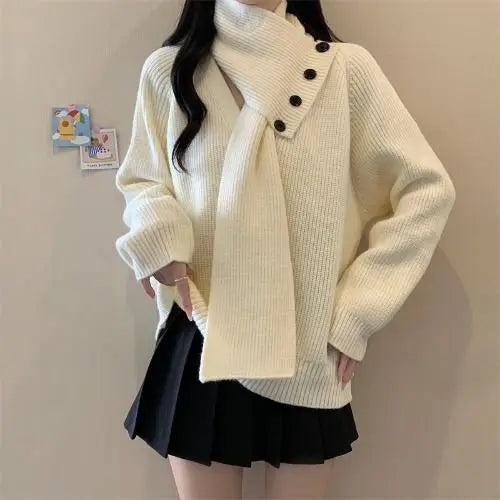 Removable Scarf Knit Sweater – Solid Color, Loose Fit