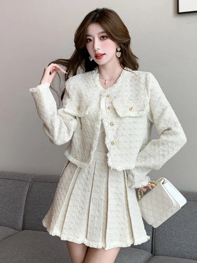 Tweed Jacket Mini Skirt Set – Autumn Winter Tassel Detail