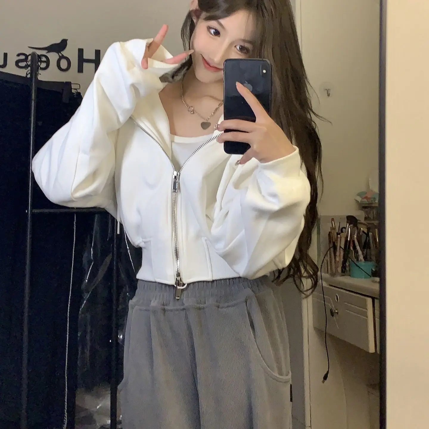 White Zip-Up Hoodie Jacket – Double Sweatshirt Layer