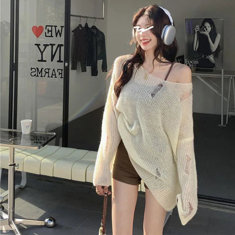 Hollow-Out Loose Knit Sweater – Off-Shoulder