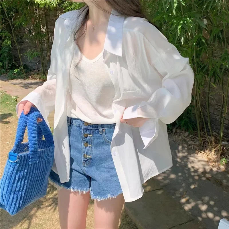 Sheer Knit Blouse – See-Through Loose V-Neck Top