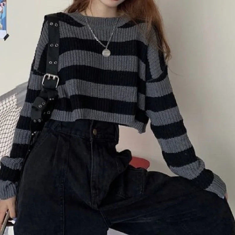 Striped Cropped Sweater – Oversize Knit Pullover