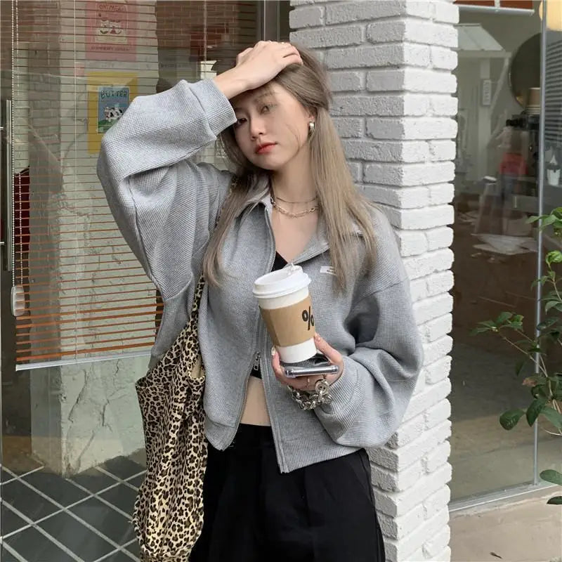 Zip-Up Crop Jacket – Casual Turn-Down Collar