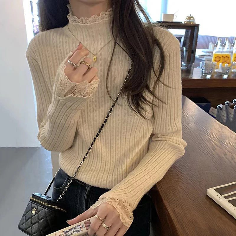Lace Stitching Half Turtleneck Sweater – Slim Fit Knit Top