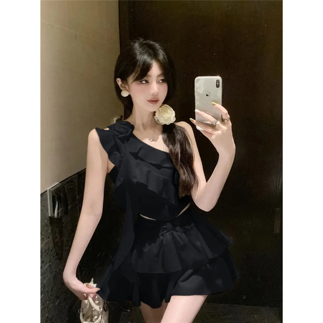 Off-Shoulder Ruffle Mini Skirt Set – Chiffon Crop Top Two-Piece
