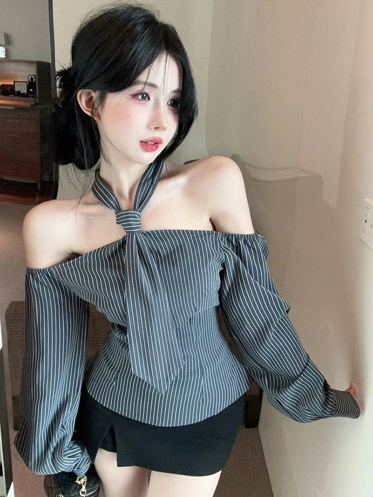 Halter Striped Shirt – Off-Shoulder Lace-Up Top