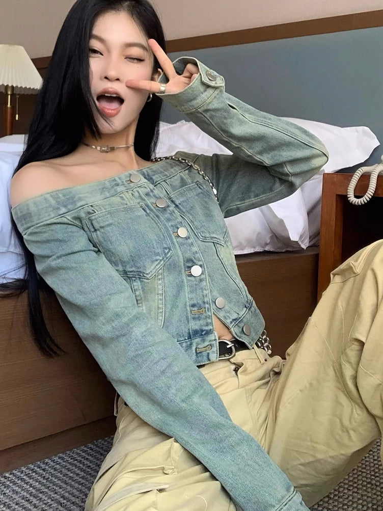 Off-Shoulder Button Jean Shirt – Casual Denim Style