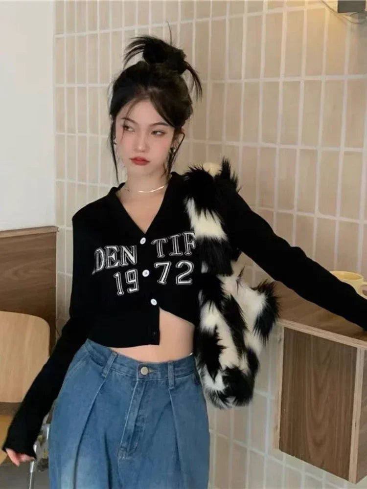 Cropped V-Neck Knit Cardigan – Slim Kpop Grunge Style