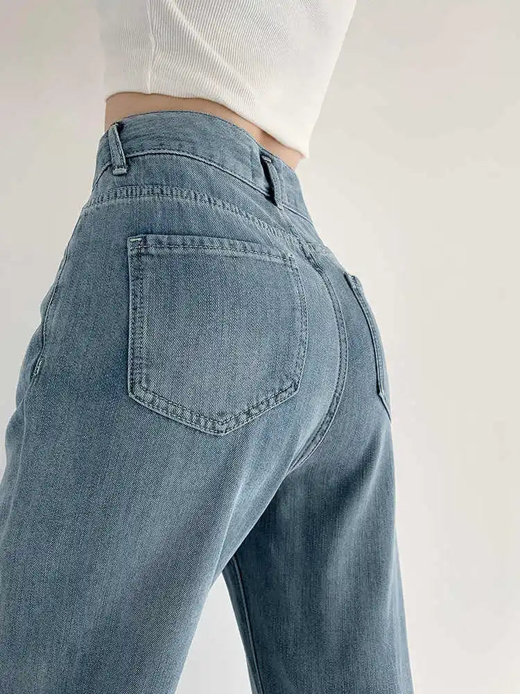 Blue Ice Silk Jeans – Thin Loose Wide Leg High Waist Denim