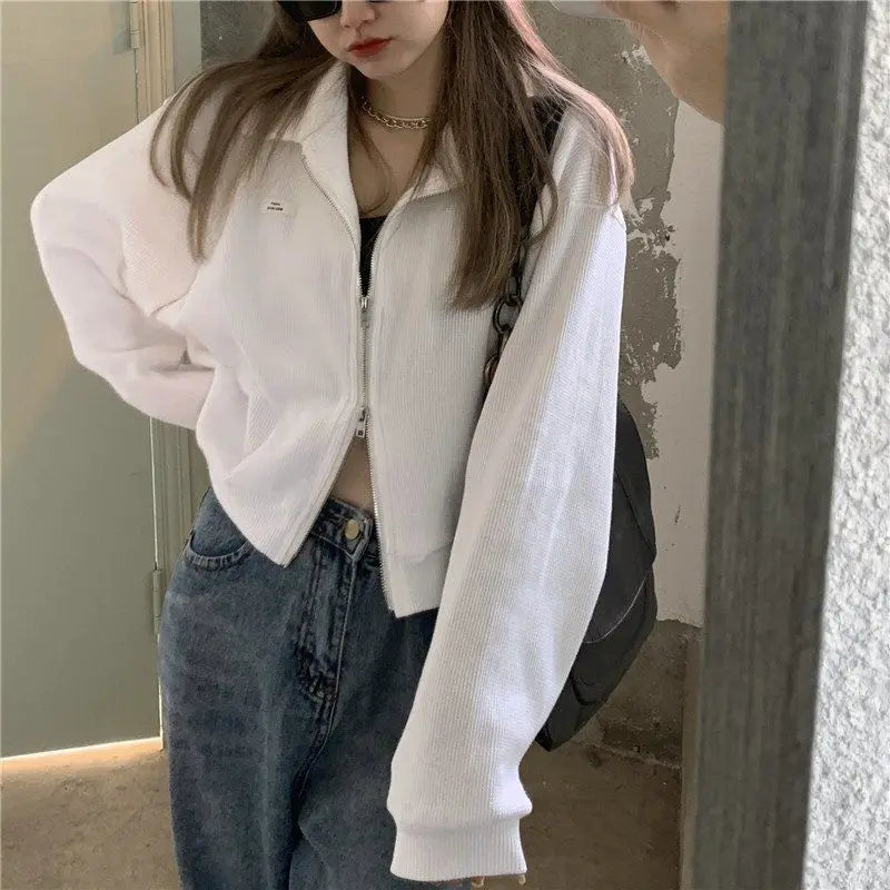 Zip-Up Crop Jacket – Casual Turn-Down Collar