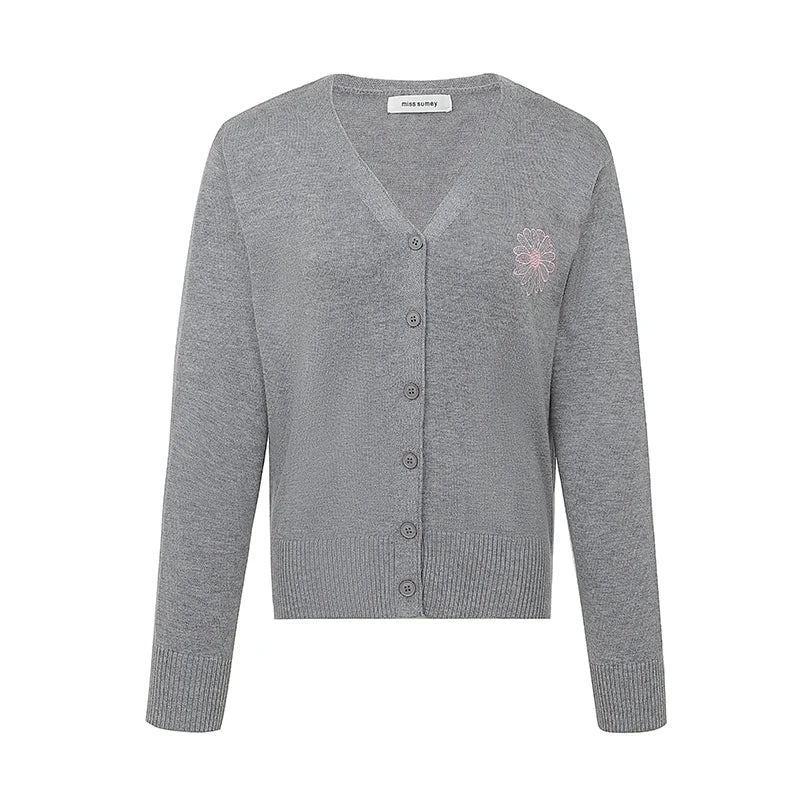 Knitted Cardigan Sweater – Long Sleeve, Embroidery Detail