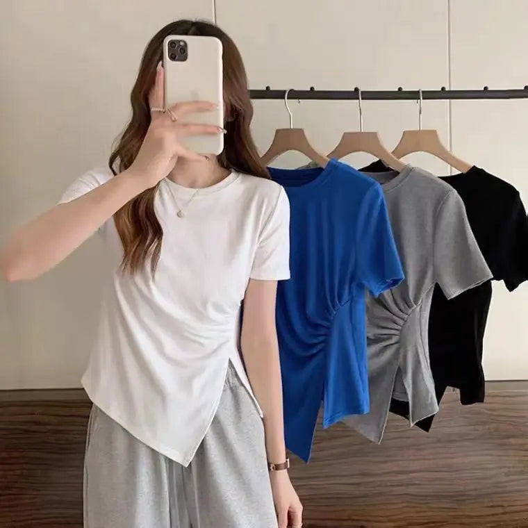 O-Neck Irregular Crop T-Shirt – Short Slit Hem Casual Top