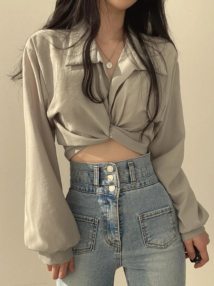 Cropped Back Bow Blouse – Slim Long Sleeve Top