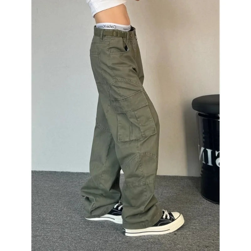 Green Vintage Cargo Pants – Multiple Pockets Baggy Hip Hop Style