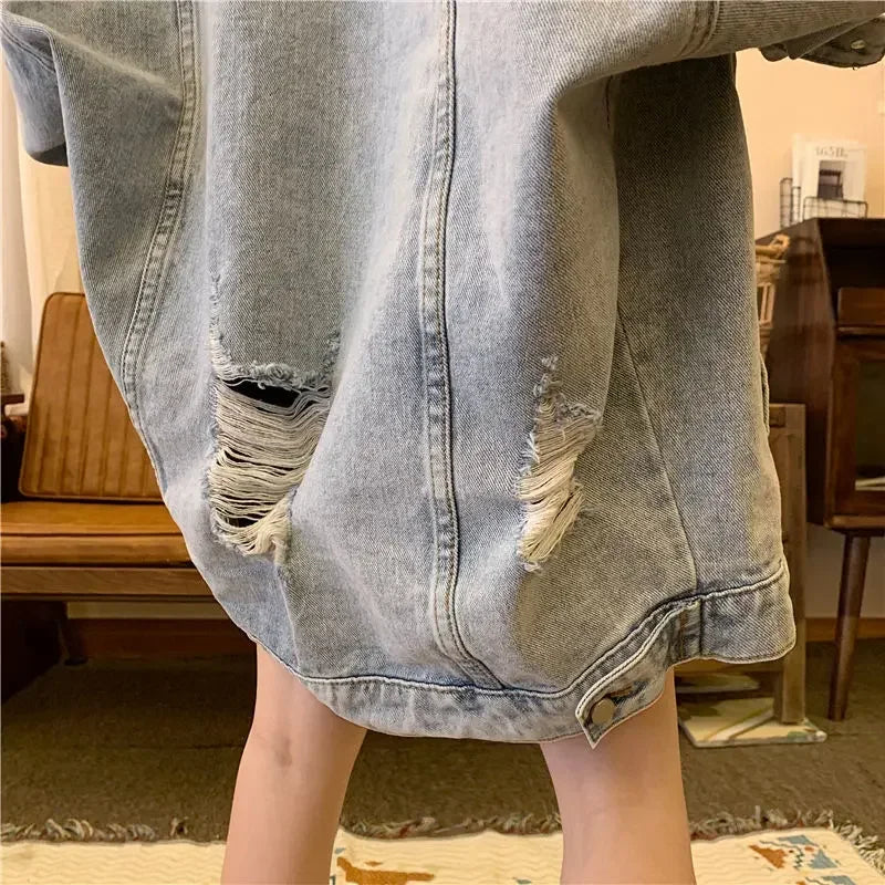 Ripped Oversized Denim Jacket – Vintage Wash