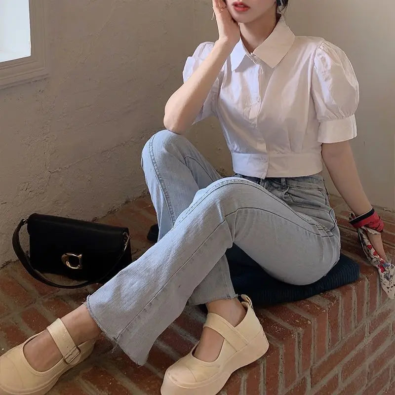 Puff Sleeve White Shirt – Elegant Youth Collar Design