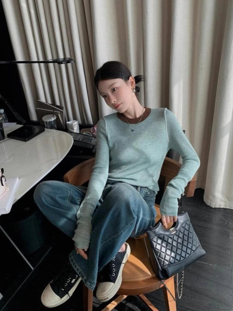Retro Colorblock Knit Sweater – Slim Fit Long Sleeve Top