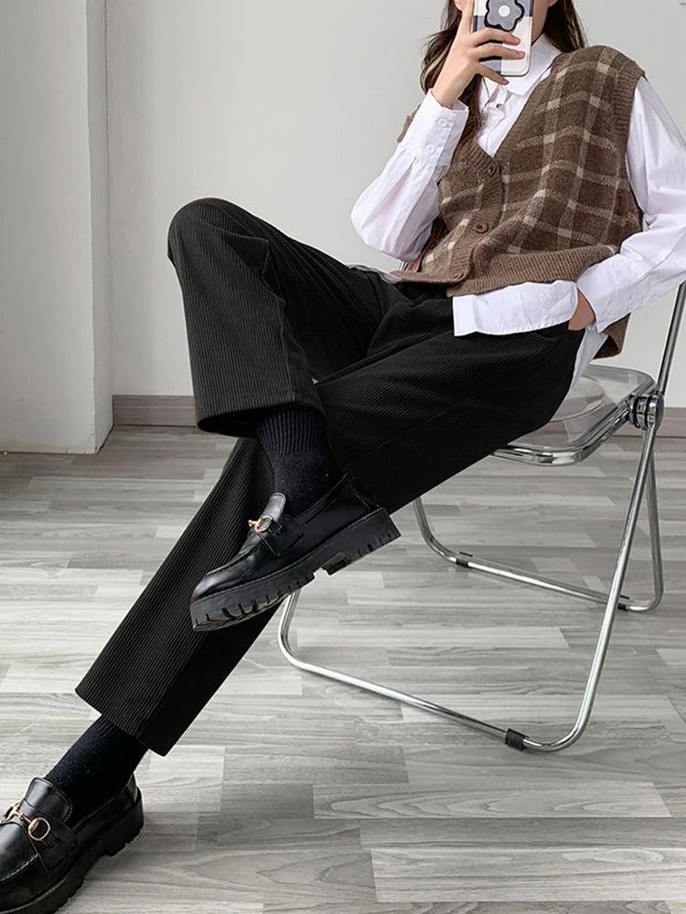 Elegant Retro Corduroy Pants – Simple Loose Straight Wide Leg