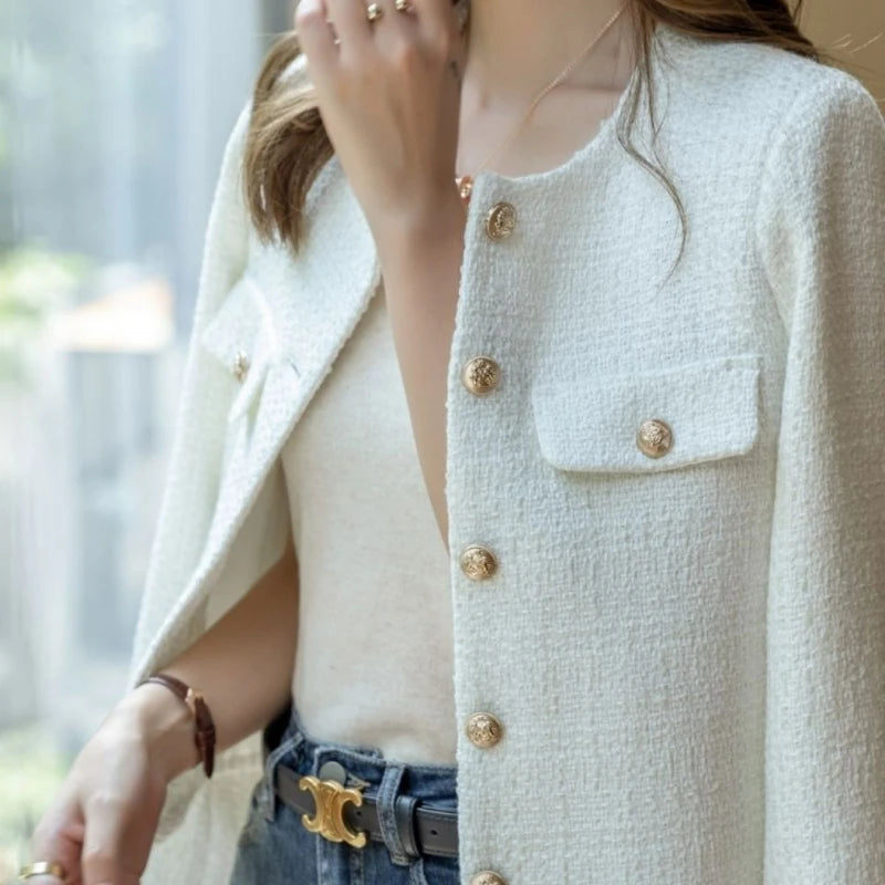 Gold Button Wool Tweed Jacket – Short & Elegant