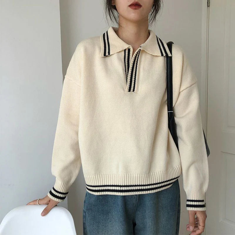 College-Style V-Neck Knit Sweater