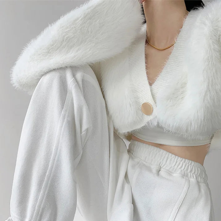 Plush Mink Knit Cardigan – Fluffy Cropped V-Neck