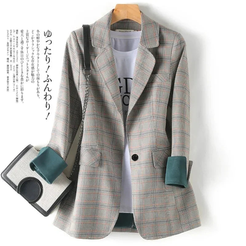 Vintage Plaid Suit – Single-Breasted Long Blazer