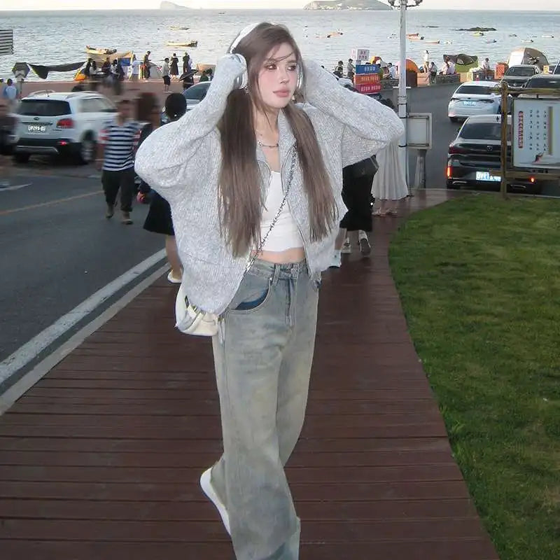 Vintage Grey Zip-Up Knit Cardigan – Cropped Loose Fit Streetwear