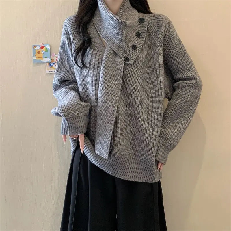 Removable Scarf Knit Sweater – Solid Color, Loose Fit
