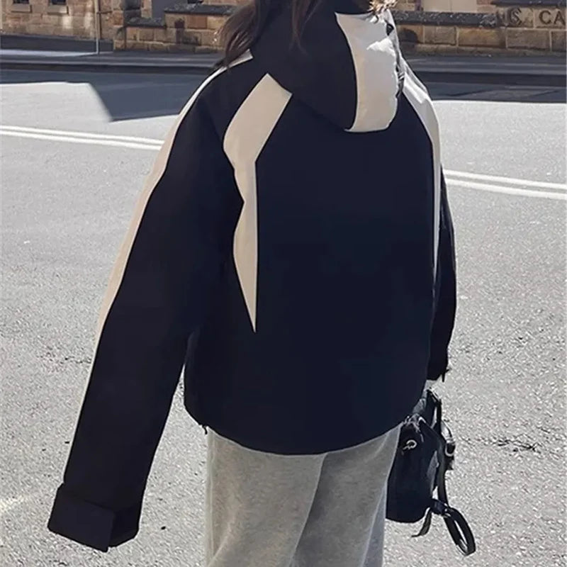 Patchwork Windbreaker – Loose Fit High Collar Hoodie