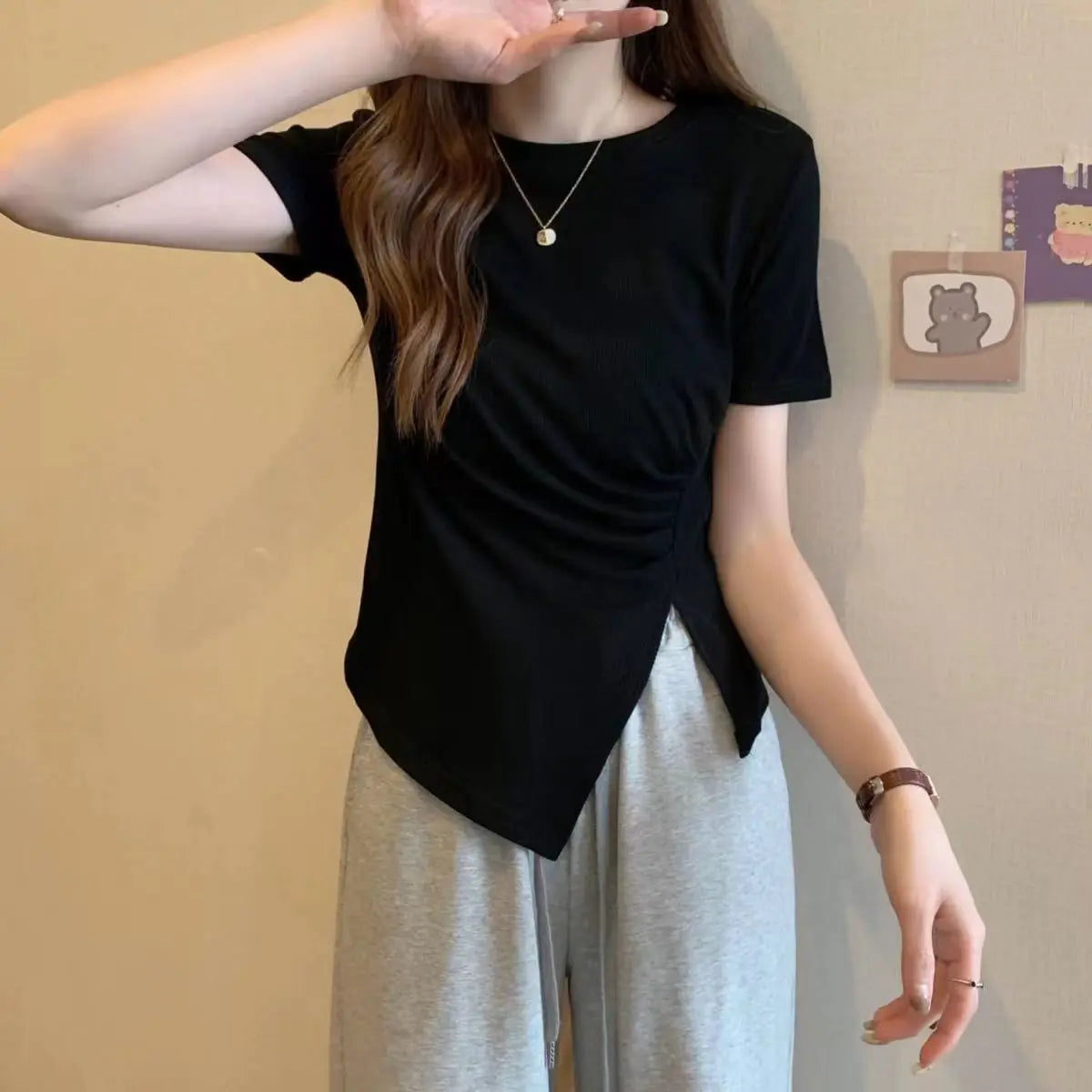 O-Neck Irregular Crop T-Shirt – Short Slit Hem Casual Top