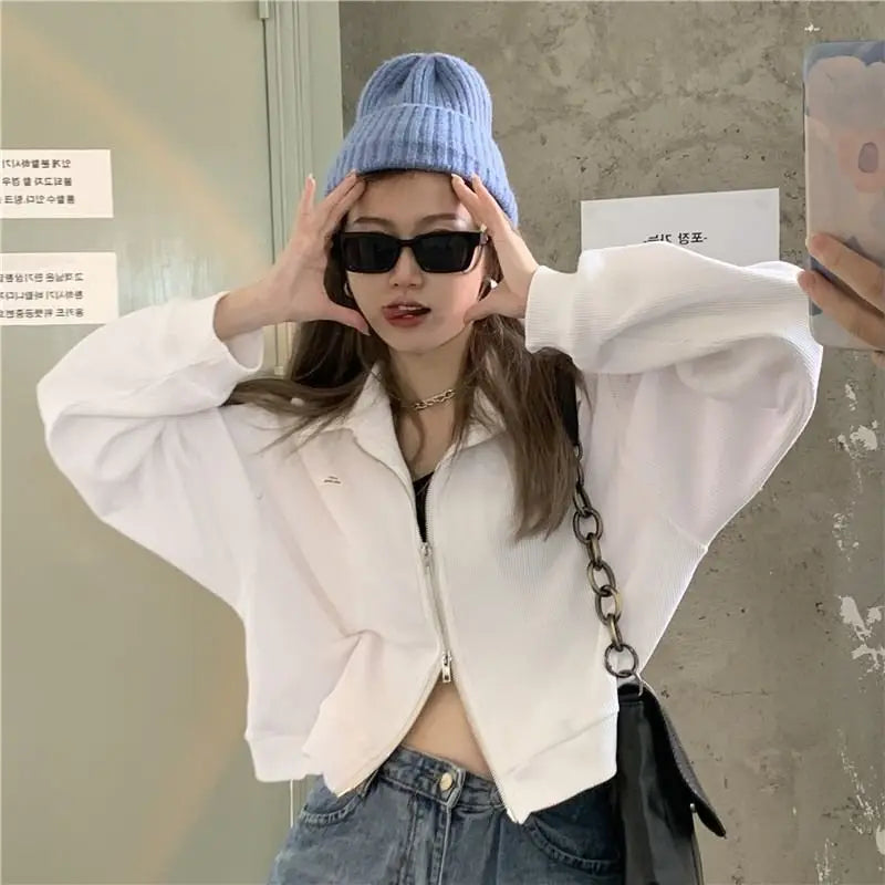 Zip-Up Crop Jacket – Casual Turn-Down Collar