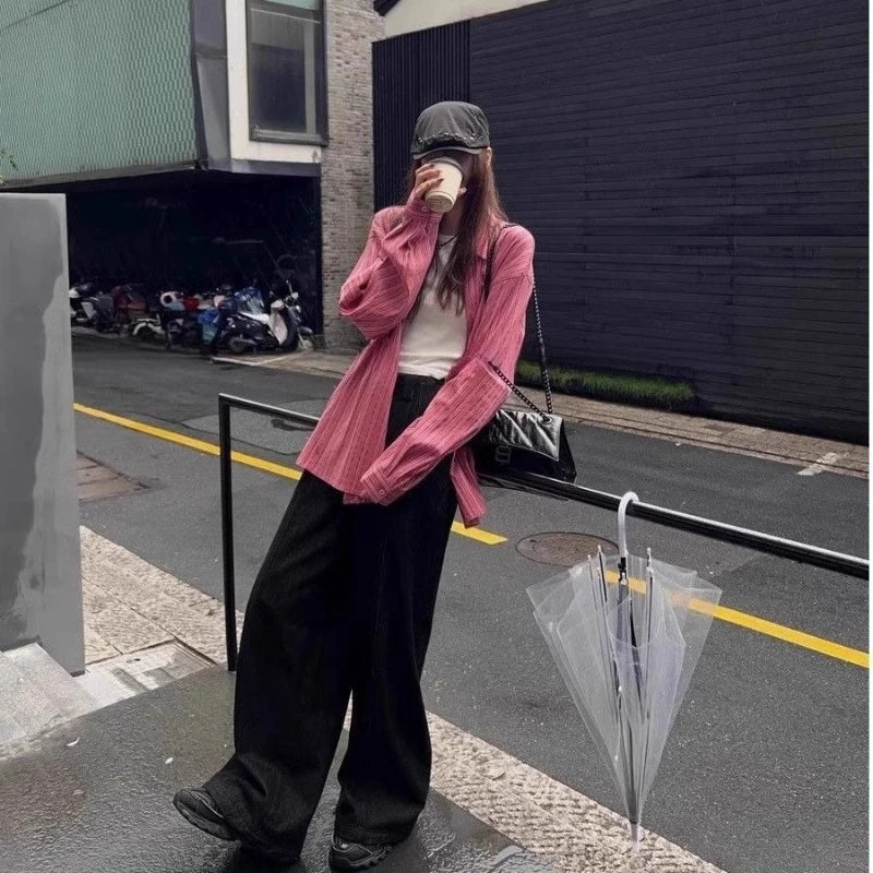 Pink Striped Loose Long Sleeve Blouse – Sun Protection