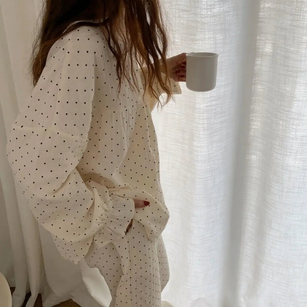 Polka Dot Long Sleeve Pajama Set – Two-Piece Nightwear