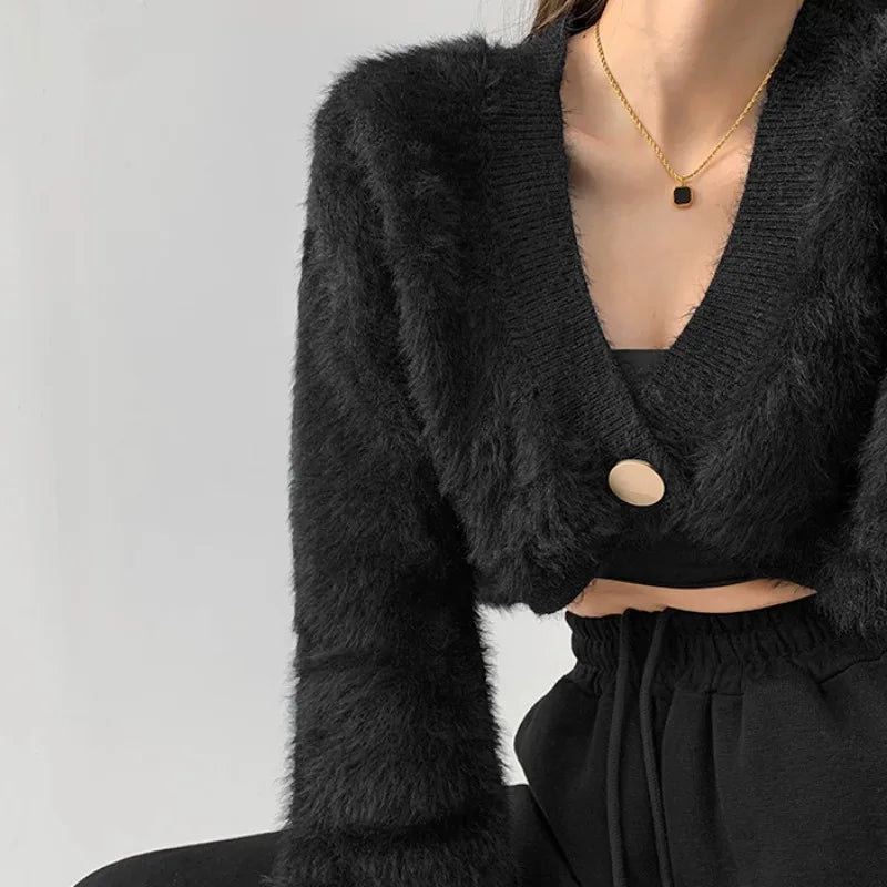 Plush Mink Knit Cardigan – Fluffy Cropped V-Neck