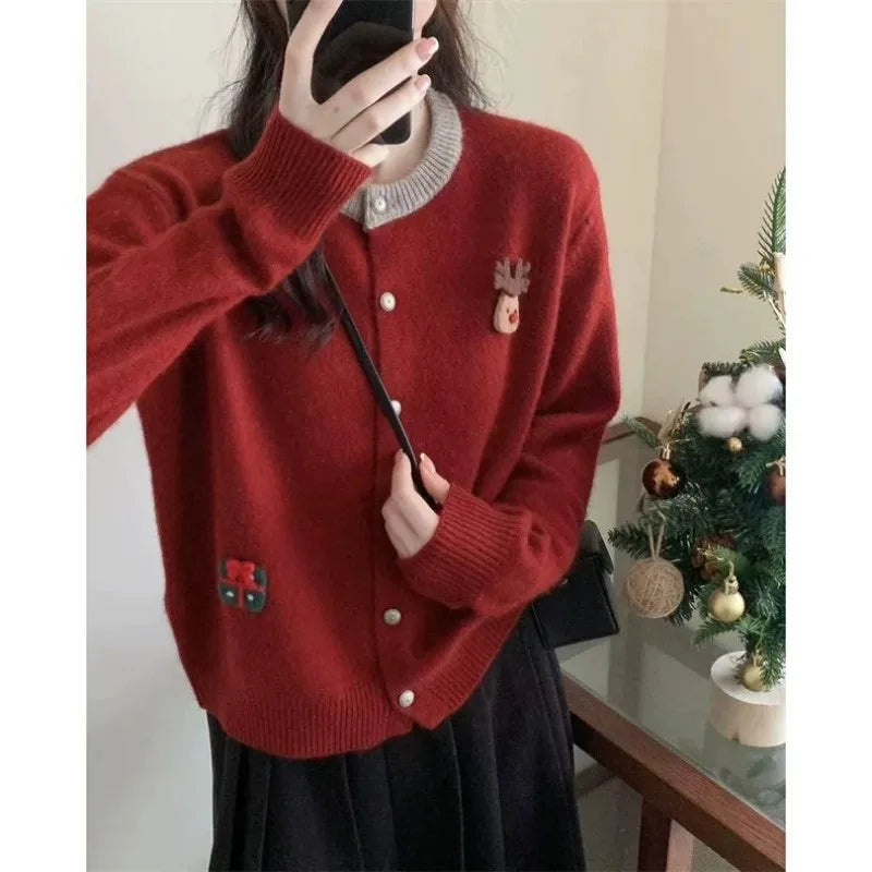 Contrast Collar Knit Cardigan – Cute Cartoon Style