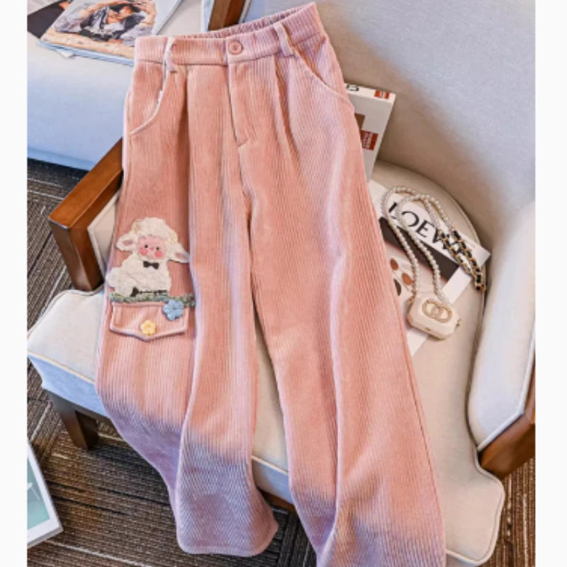 Pink Corduroy Pants – Wide Leg Trousers with Flower Embroidery