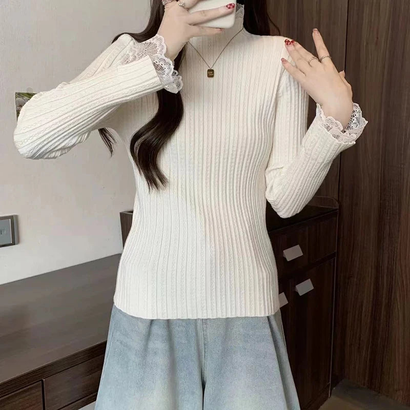 Lace Stitching Half Turtleneck Sweater – Slim Fit Knit Top