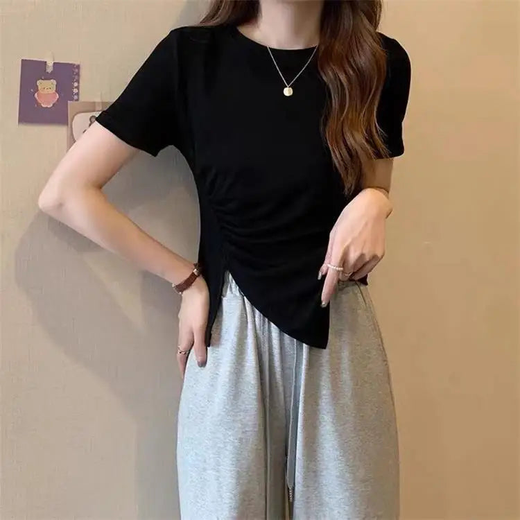 O-Neck Irregular Crop T-Shirt – Short Slit Hem Casual Top