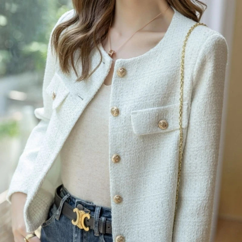Gold Button Wool Tweed Jacket – Short & Elegant