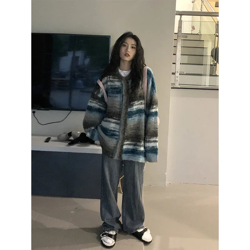 Vintage Striped Knit Cardigan – Patchwork Knit Streetwear